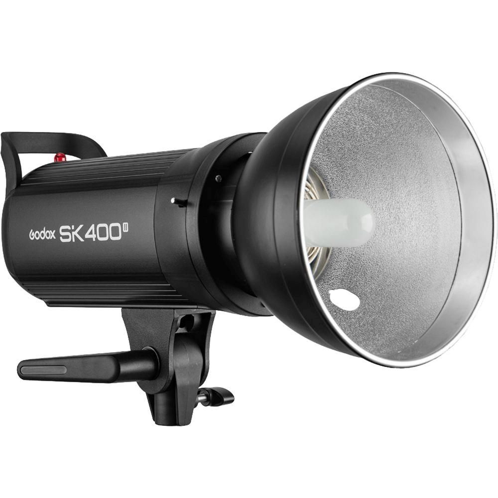Godox SK400II professional studio strobe flash light with reflector dish and mounting bracket on white background.