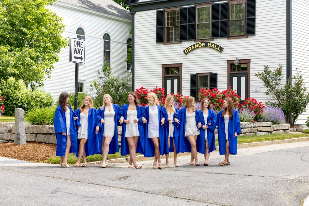 Lincoln Sudbury graduates pose in town center during cap & gown senior portraits. Weston High, Wayland, Concord Carlisle, Nashoba Regional