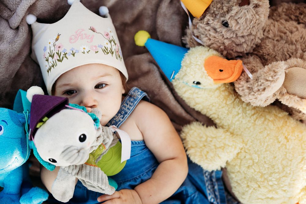 Baby wearing a crown hat surrounded by colorful stuffed animal toys including a duck and elephant plush.