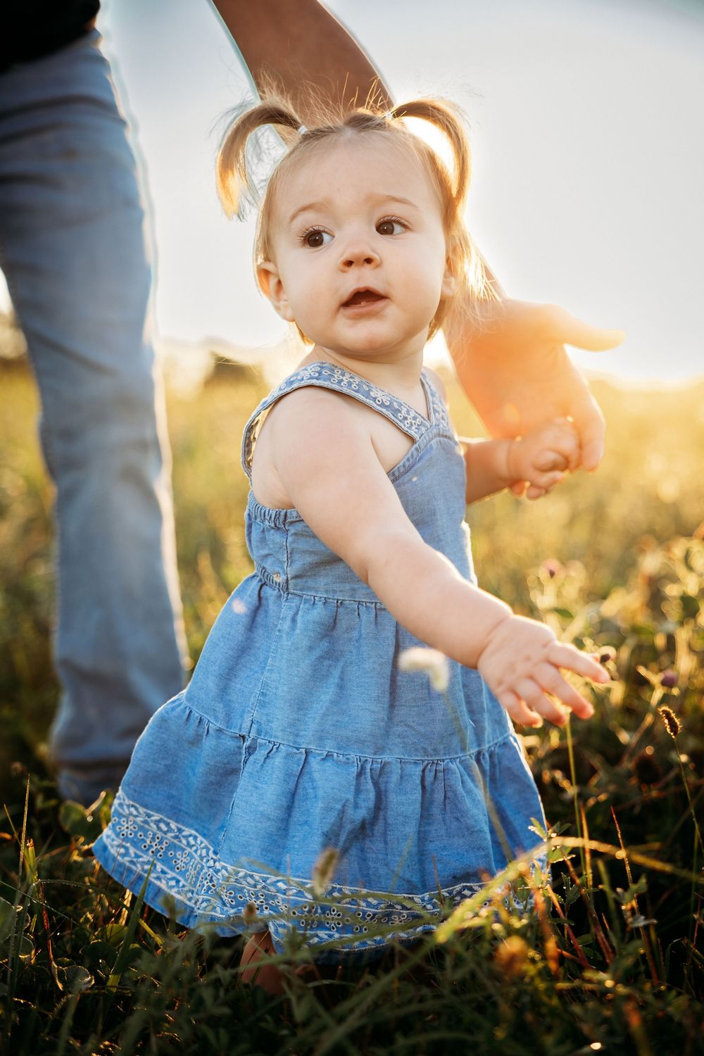 Toddler girl in blue denim dress holding adult hand in sunny meadow at golden hour.