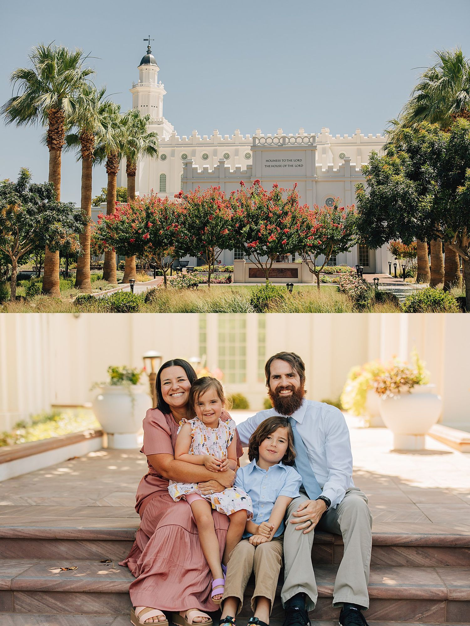Family of four poses on steps outside an LDS temple surrounded by palm trees and blooming flowers.