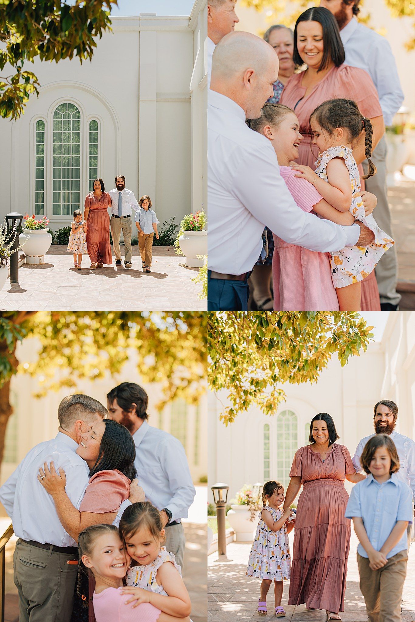 Family posing outside an LDS temple in formal attire, sharing tender moments and embraces in warm golden sunlight.