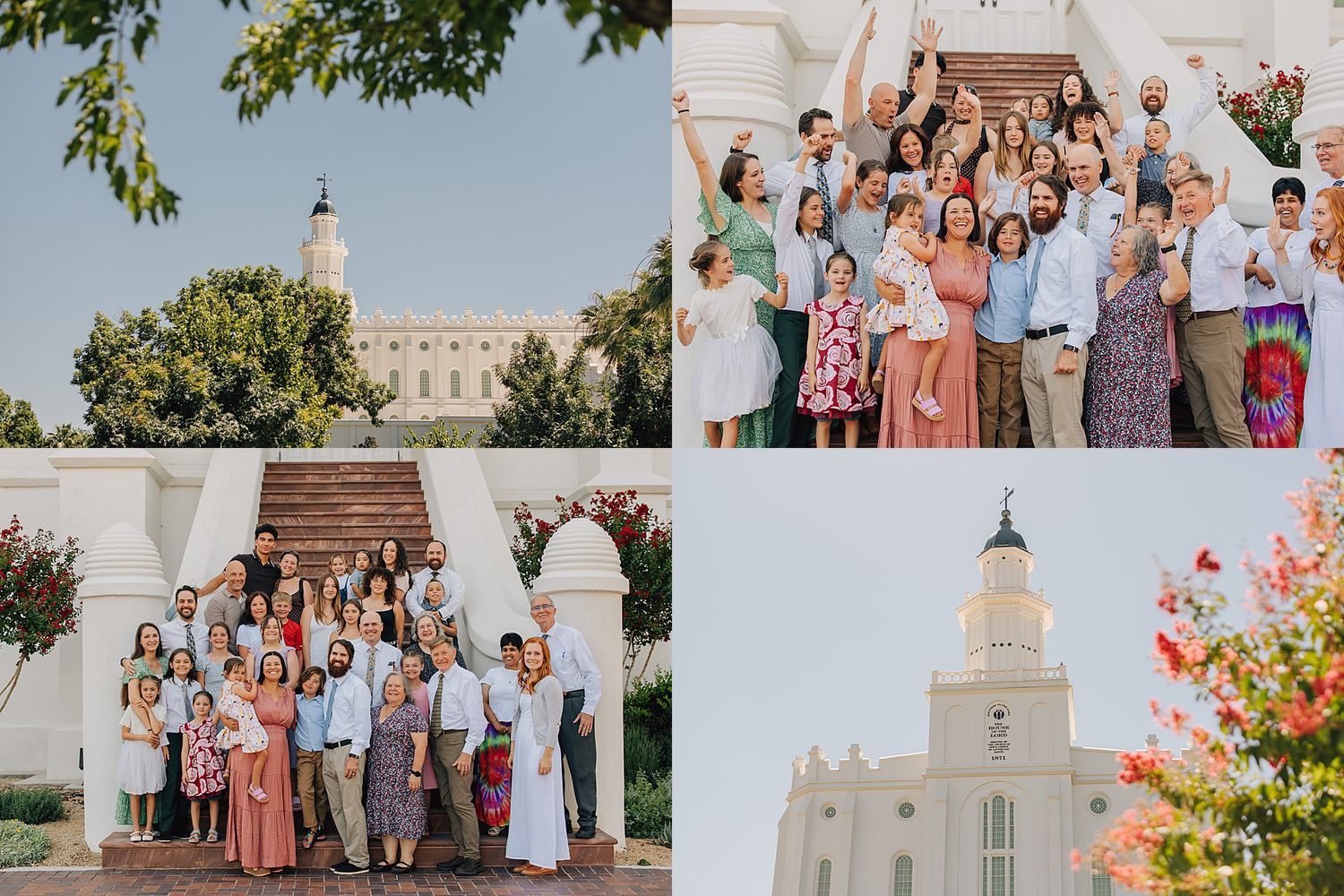 Collage of large family photos taken outside an LDS temple with white architecture and lush greenery.