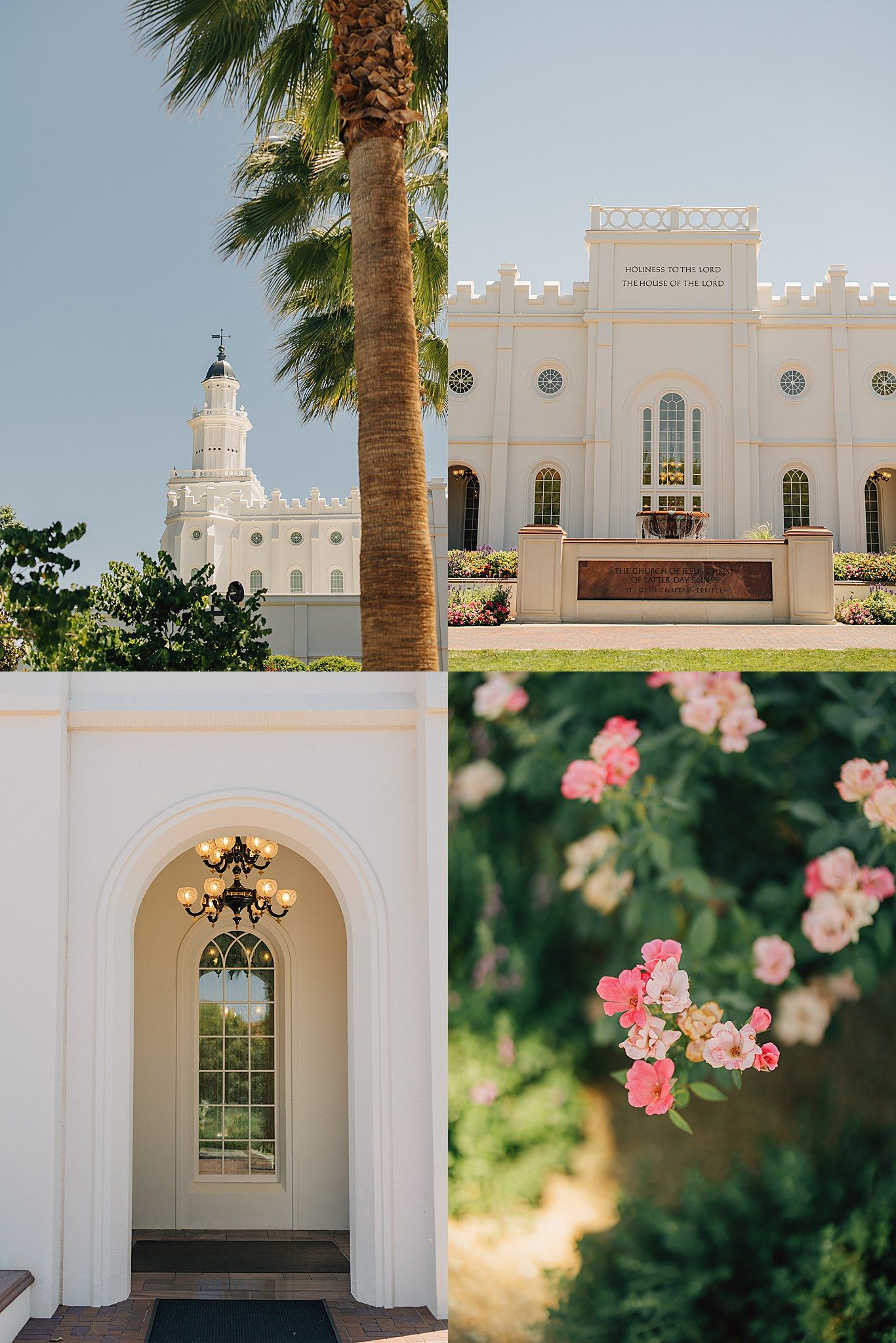 Collage of St. George Utah LDS Temple with palm trees, arched entrance, and pink roses blooming in the garden.