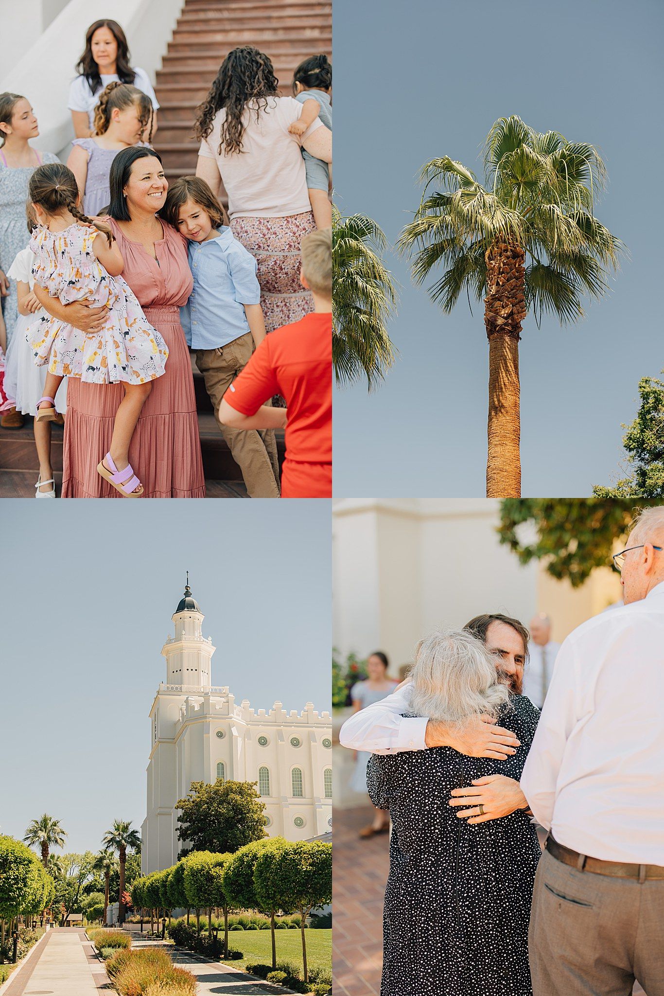Collage of family moments at an LDS temple grounds featuring palm trees, hugs, and candid portraits.