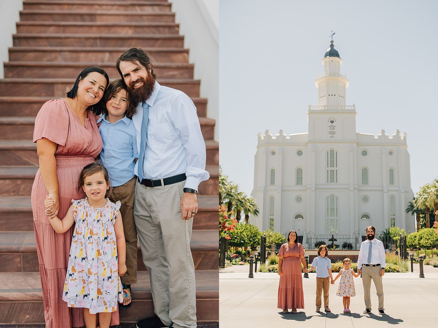 Family of four posing on temple steps and standing before a white LDS temple on a sunny day.