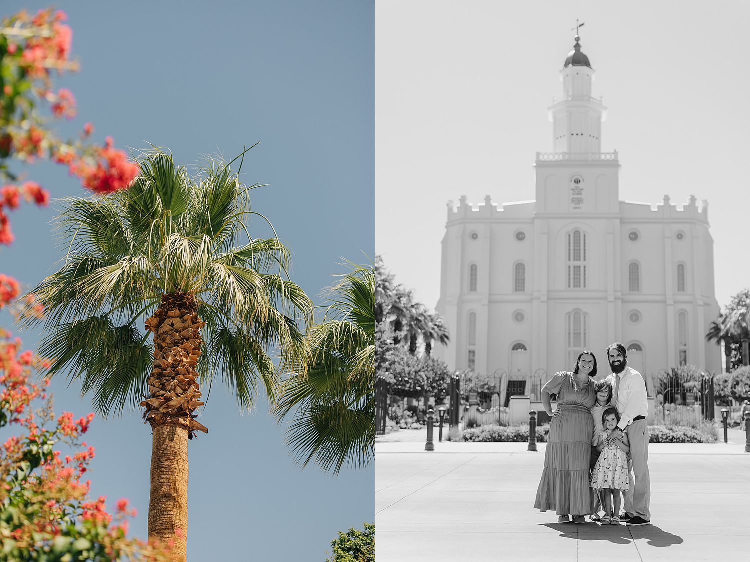 Family posing in front of St. George Utah LDS Temple with palm trees and red flowers in warm sunlight.