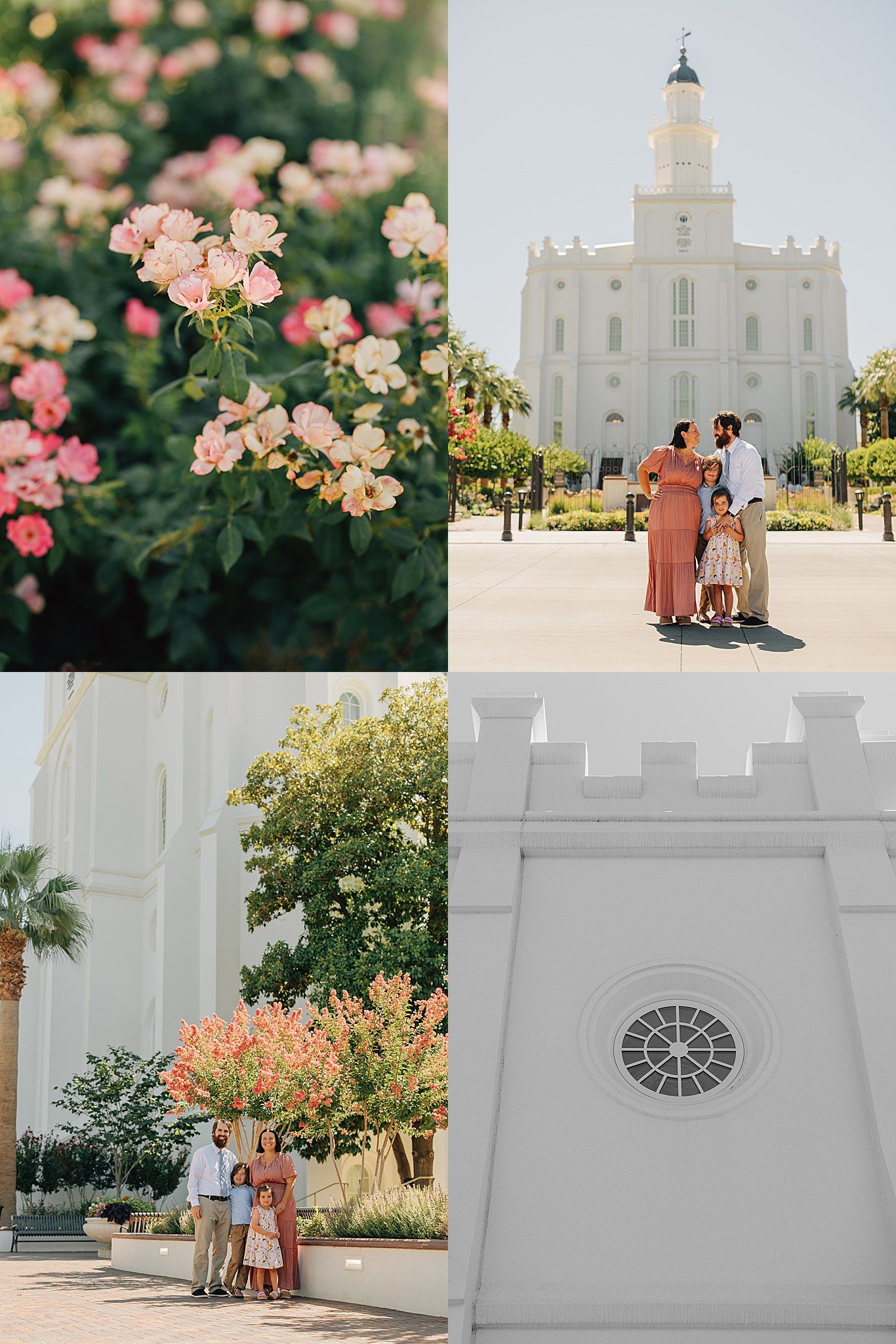 Family poses near a white LDS temple surrounded by pink flowers and lush greenery on a sunny day.