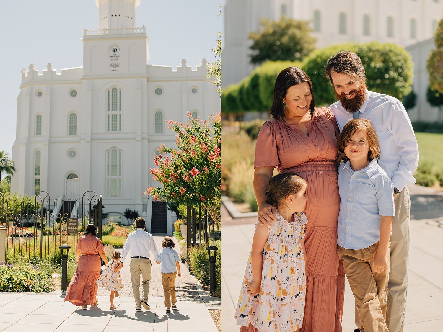 Family walking hand-in-hand toward an LDS temple, with a portrait of parents and two children smiling outdoors.