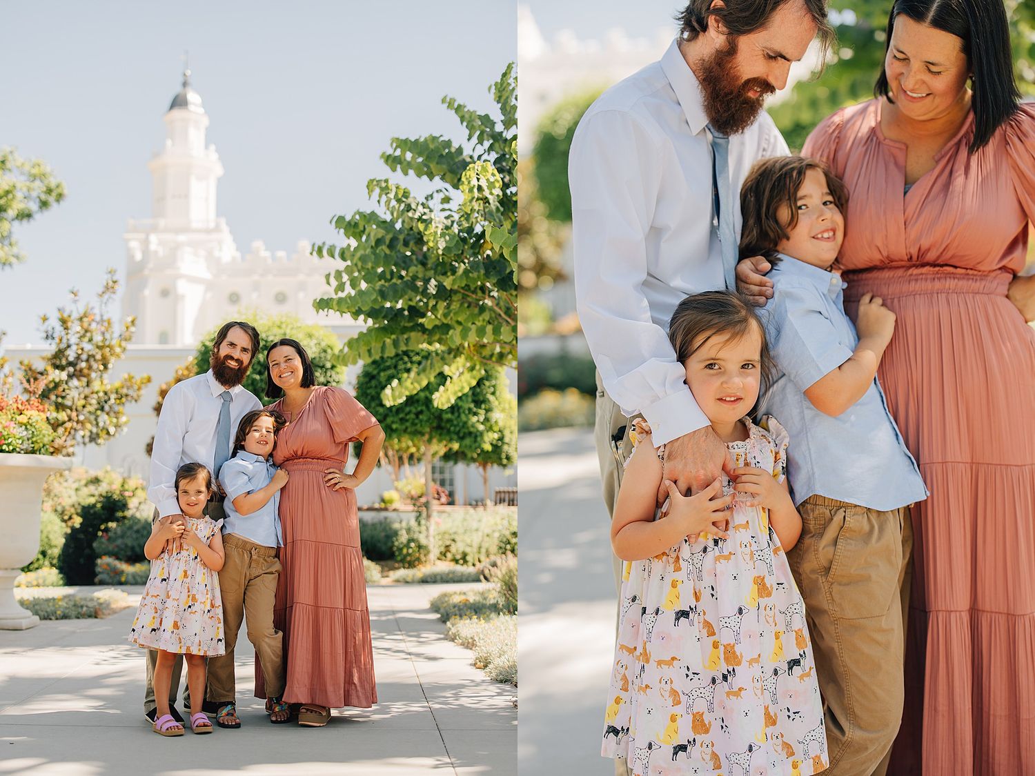 Family of four poses outdoors near a white temple, wearing coordinated pink and neutral tones on a sunny day.