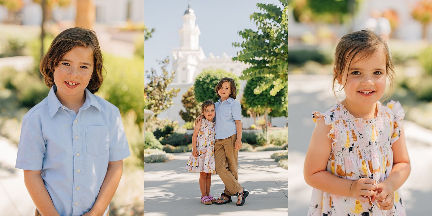 Three children pose outdoors near a white temple, wearing pastel spring outfits in a bright, sunny garden setting.