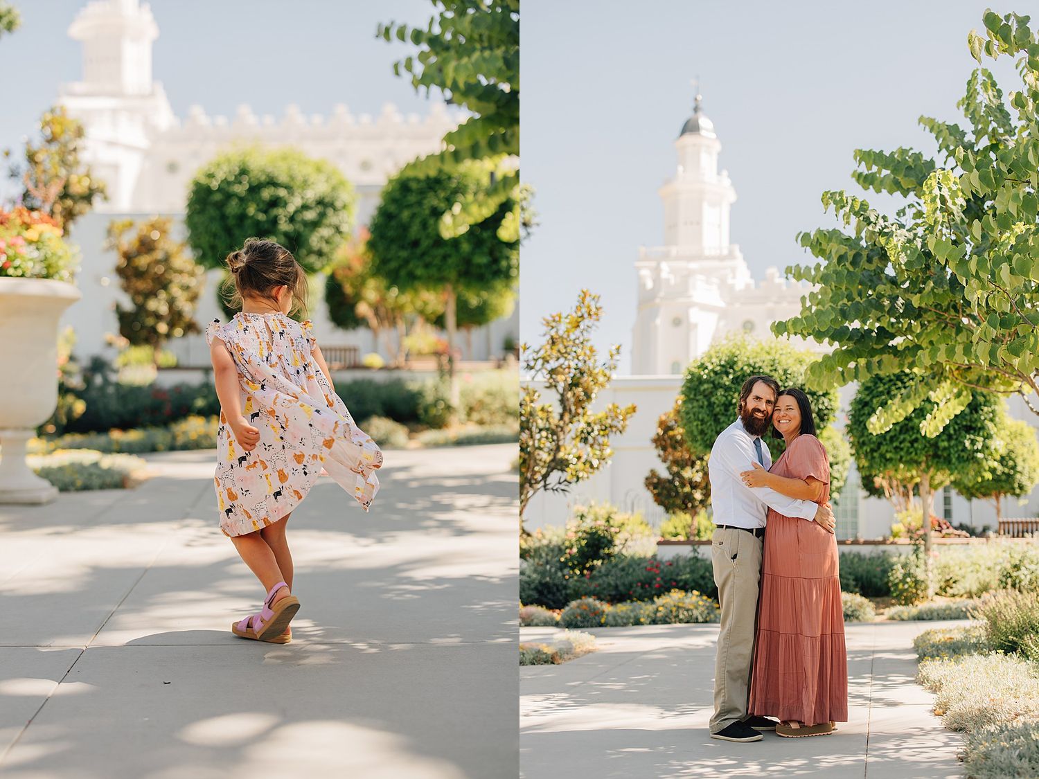 Couple embraces in a garden near a white temple spire, woman in floral dress twirls on a sunny day.