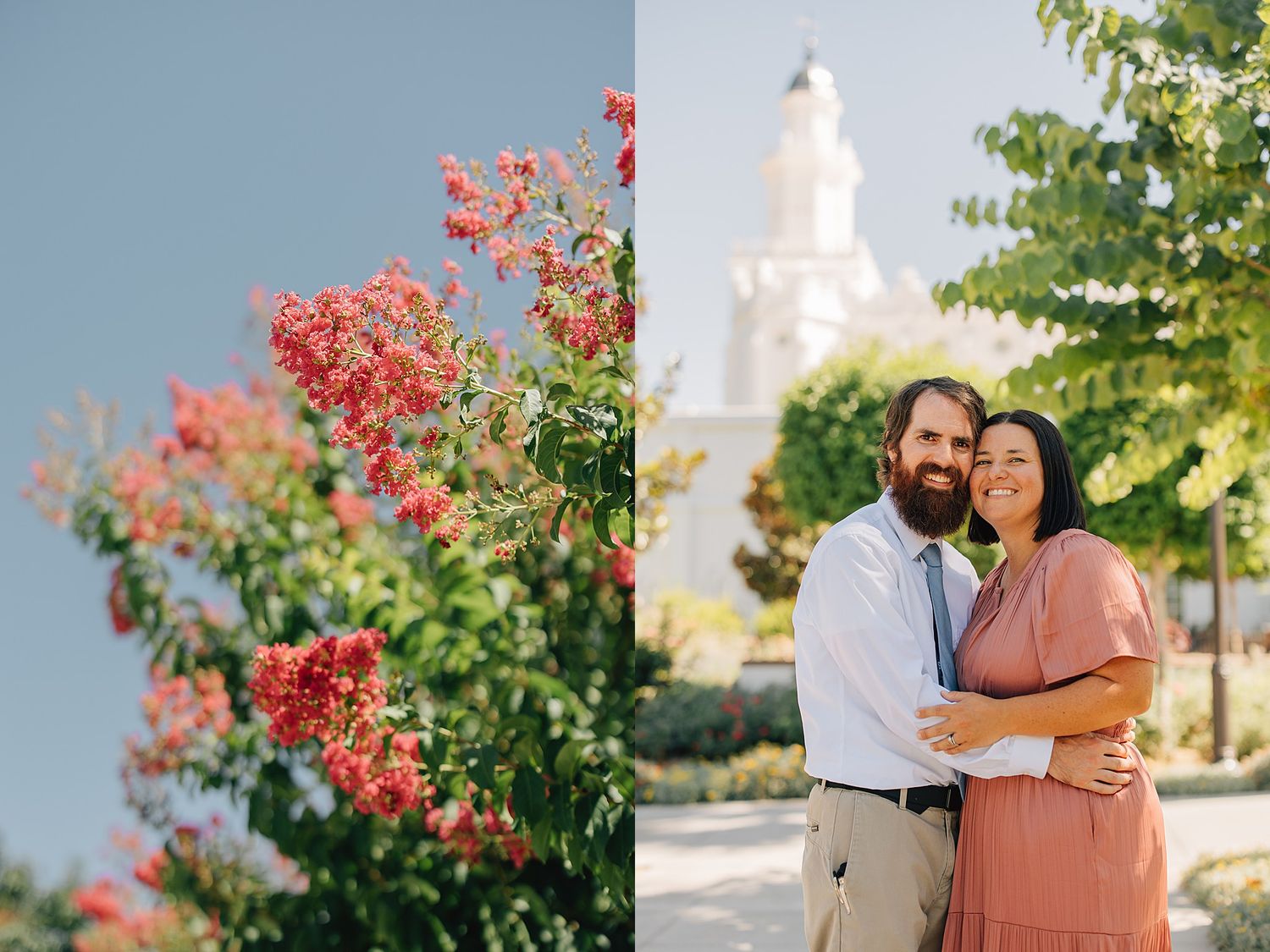 Couple smiling outdoors near a white temple with red bougainvillea flowers and green trees under a clear blue sky.