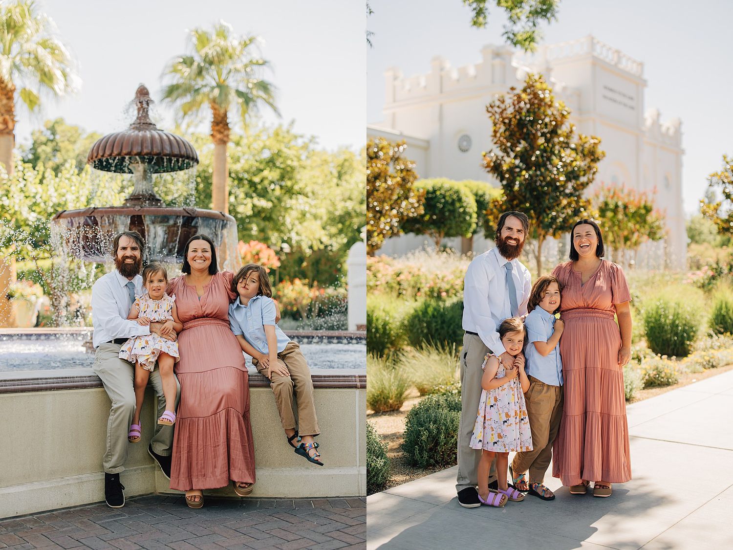 Family of four poses near a fountain and a white building in a sunny outdoor garden setting.