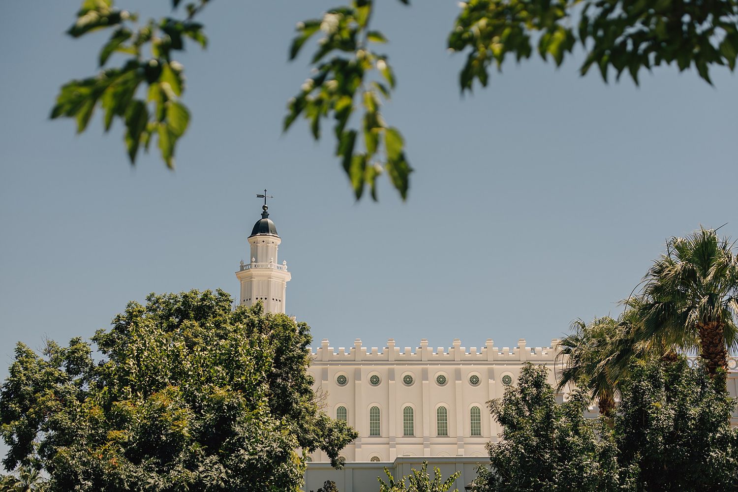 White LDS temple spire rising above lush green trees against a clear blue sky on a sunny day.