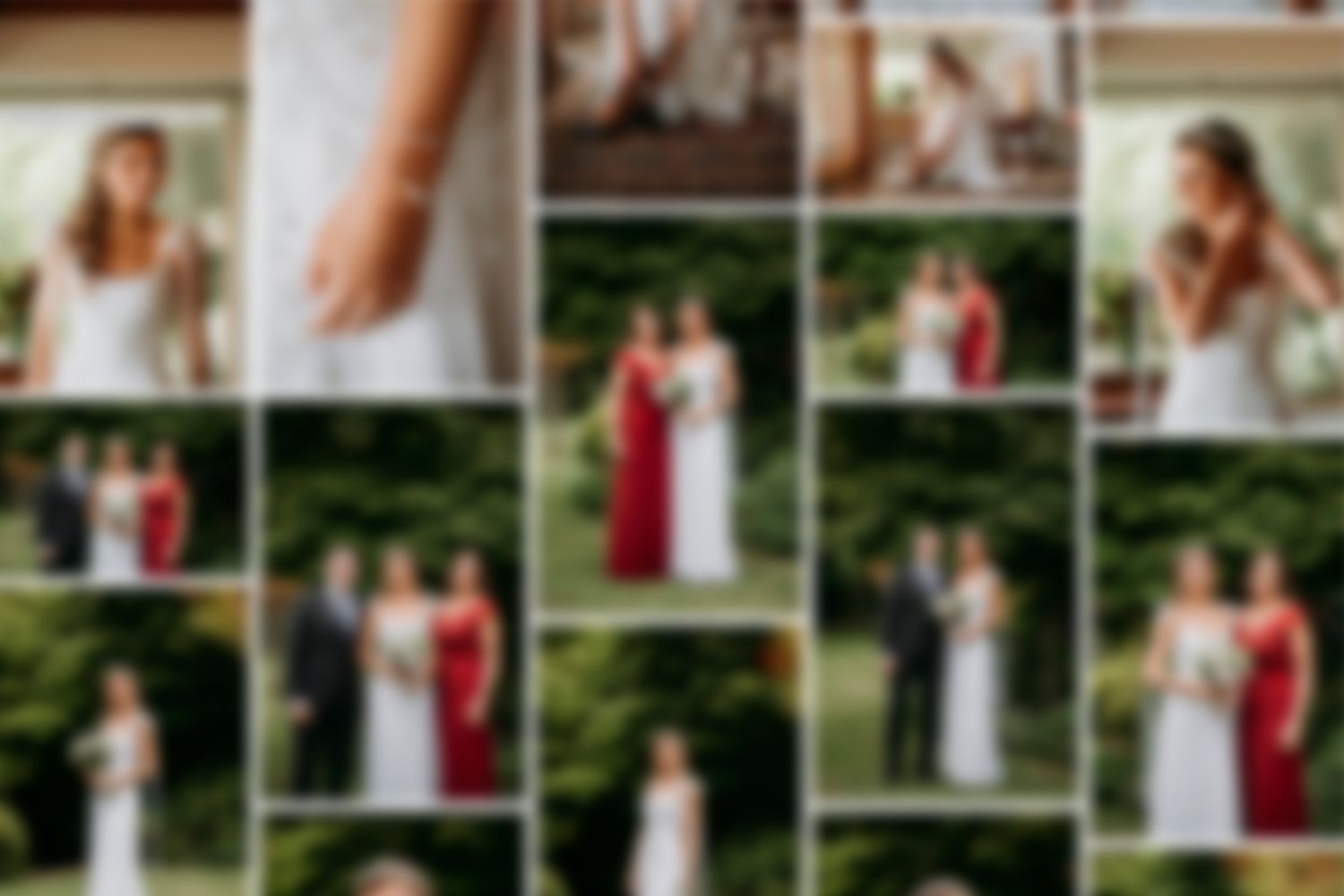 Collage of wedding party photos featuring bridesmaids in red dresses in a garden setting.