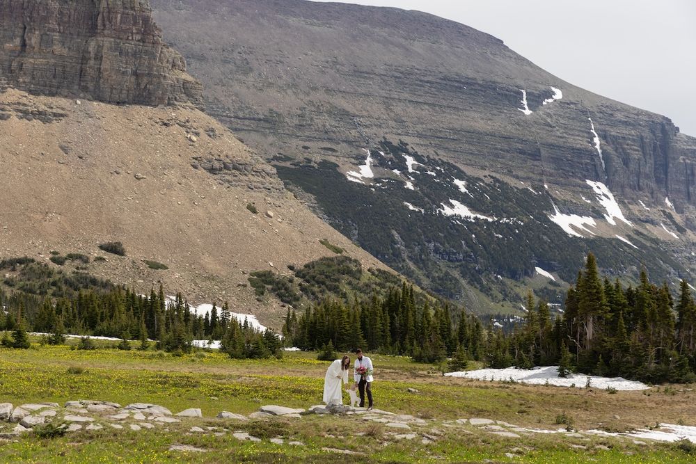 Couple elopes in a mountain meadow with snow-capped peaks and evergreen trees at Glacier National Park.