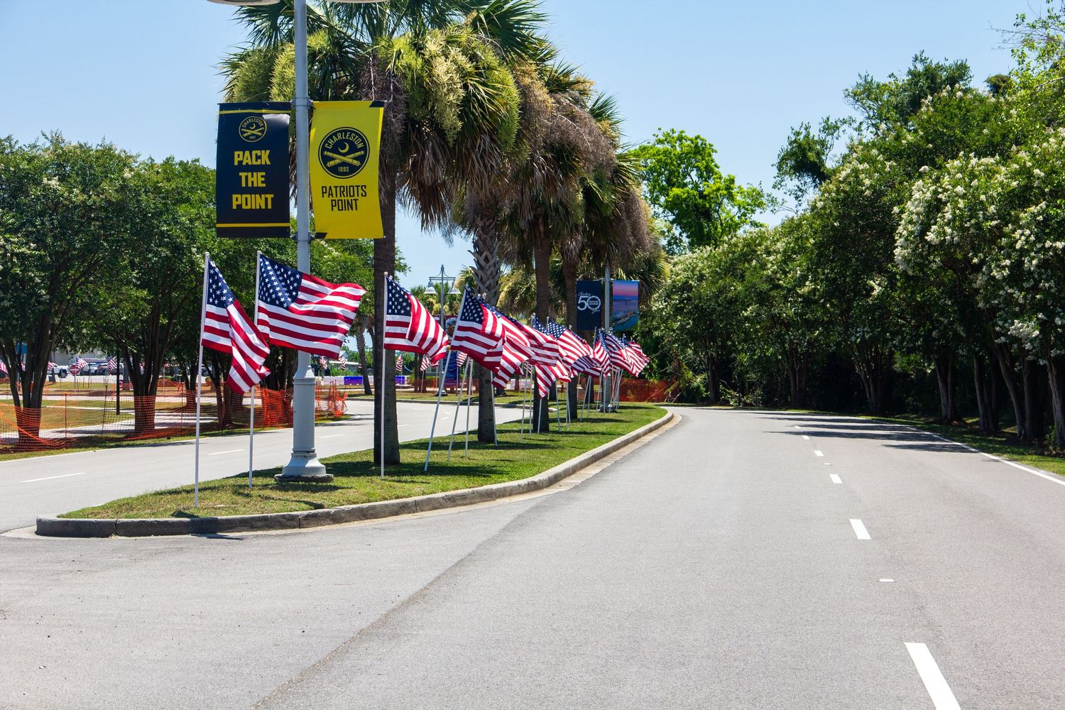 American flags line a palm tree-lined road with a yellow 'Pack The Pond' banner on a sunny day.