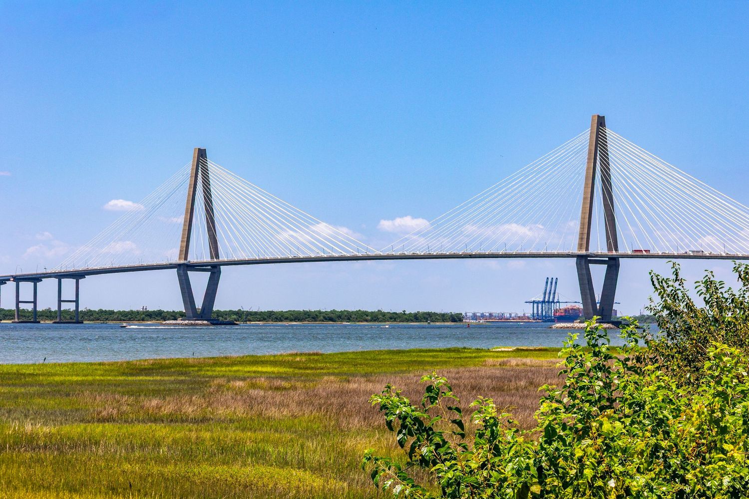 Arthur Ravenel Jr. Bridge cable-stayed suspension bridge over Cooper River in Charleston, South Carolina on a sunny day.