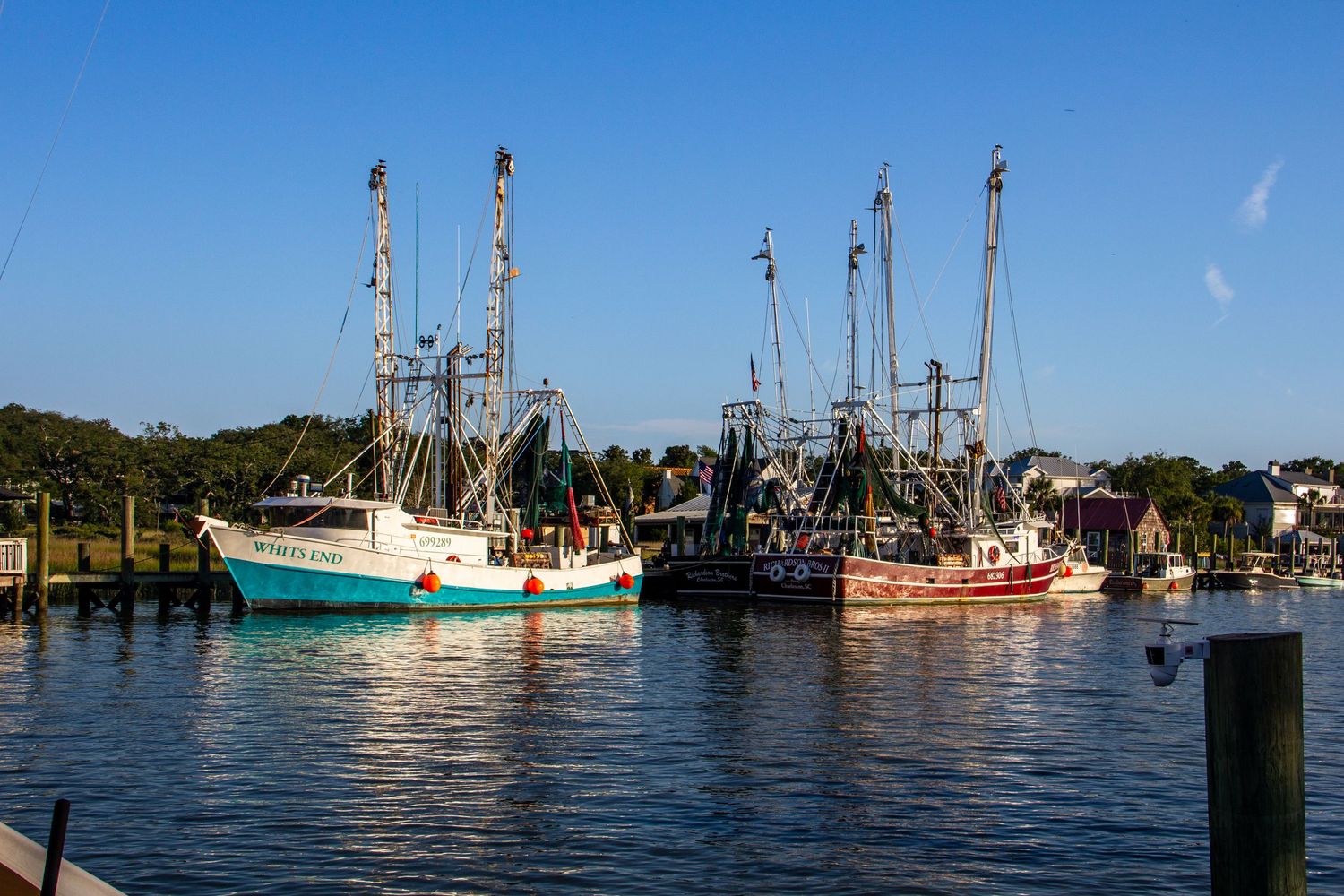 Colorful commercial fishing boats docked at a calm marina harbor under a clear blue sky on a sunny day.