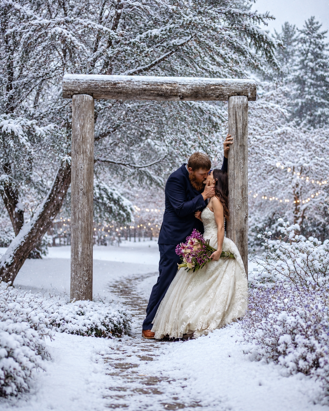 Couple sharing a romantic kiss under a rustic wooden arch in a snowy winter wonderland, bride holding purple bouquet.