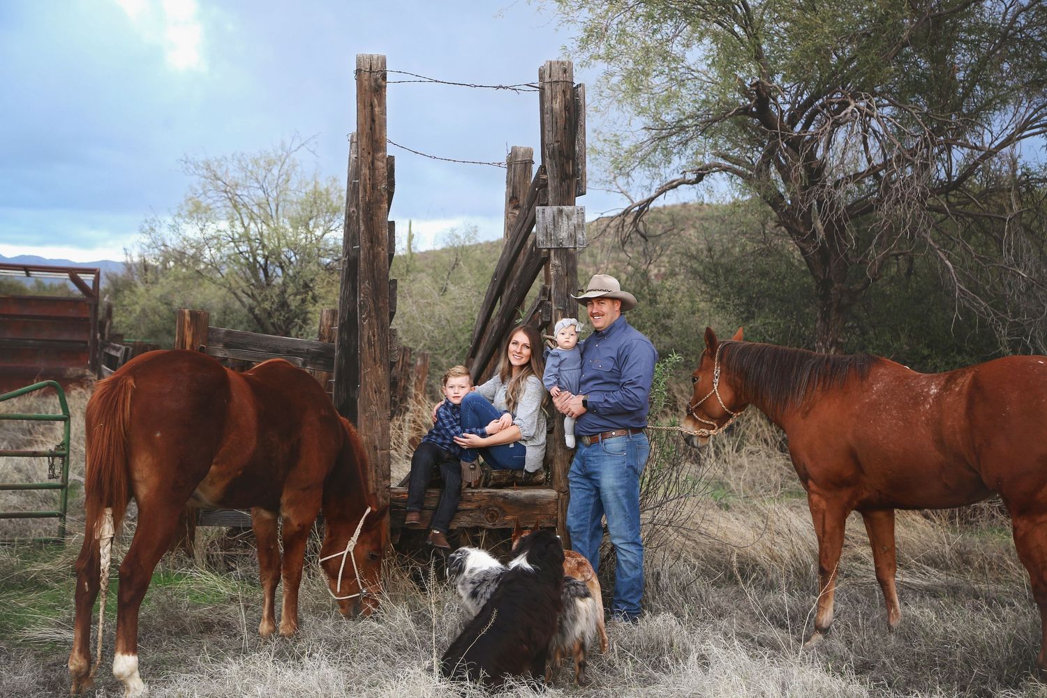 A man, woman and two children pose beside a wooden gate with brown horses and a dog in a grassy ranch field.