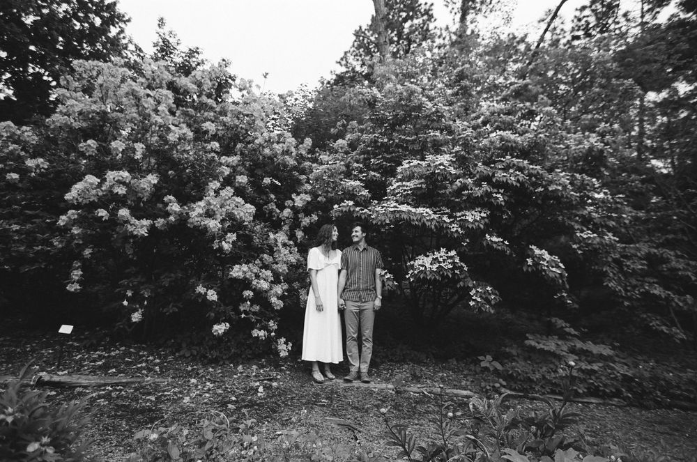 Black and white photo of a couple standing together in front of large flowering bushes outdoors.