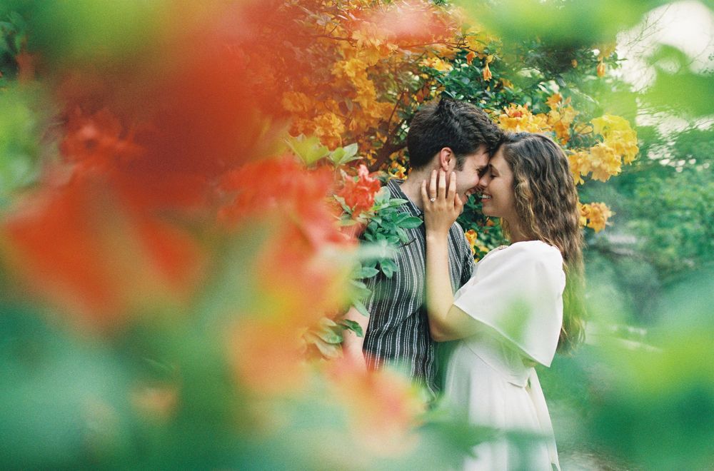 A romantic couple shares a tender moment surrounded by vibrant red and yellow flowers in a lush garden setting.
