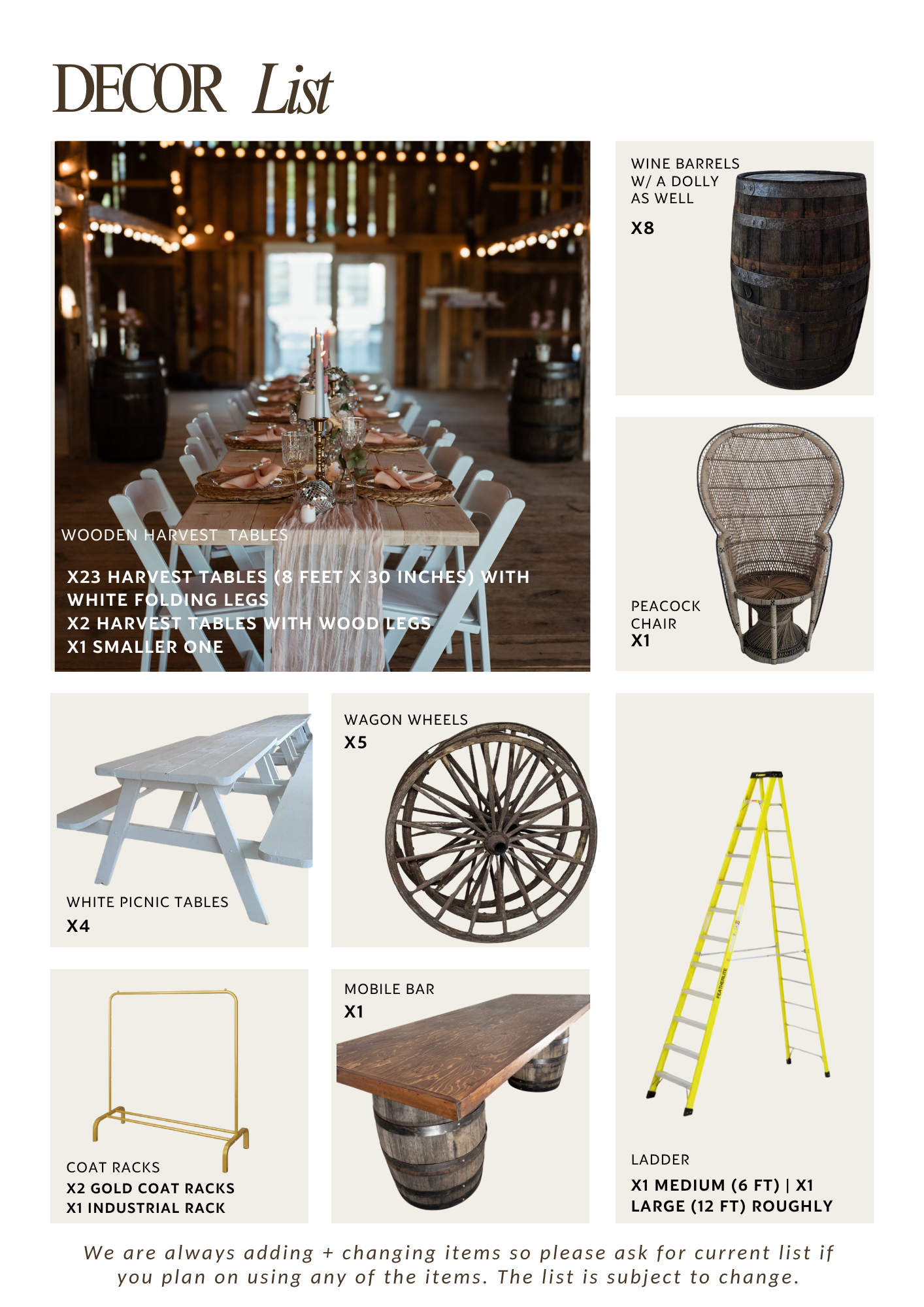 Rustic wedding decor list featuring harvest tables, picnic tables, wine barrels, peacock chair, wagon wheels, mobile bar, coat racks, and la