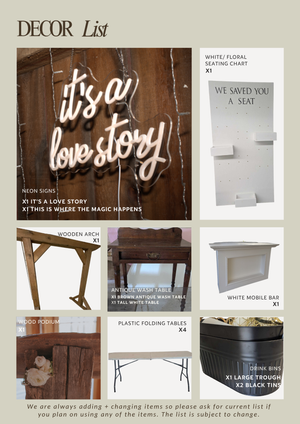 Decor rental list featuring neon signs, wooden arch, antique wash table, white mobile bar, folding tables, and floral seating chart.