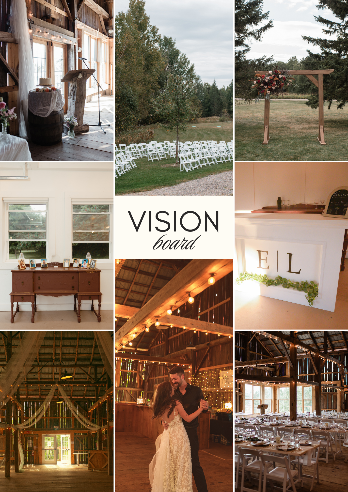 A rustic barn wedding vision board featuring ceremony chairs, floral arch, dancing couple, string lights, and elegant reception decor.
