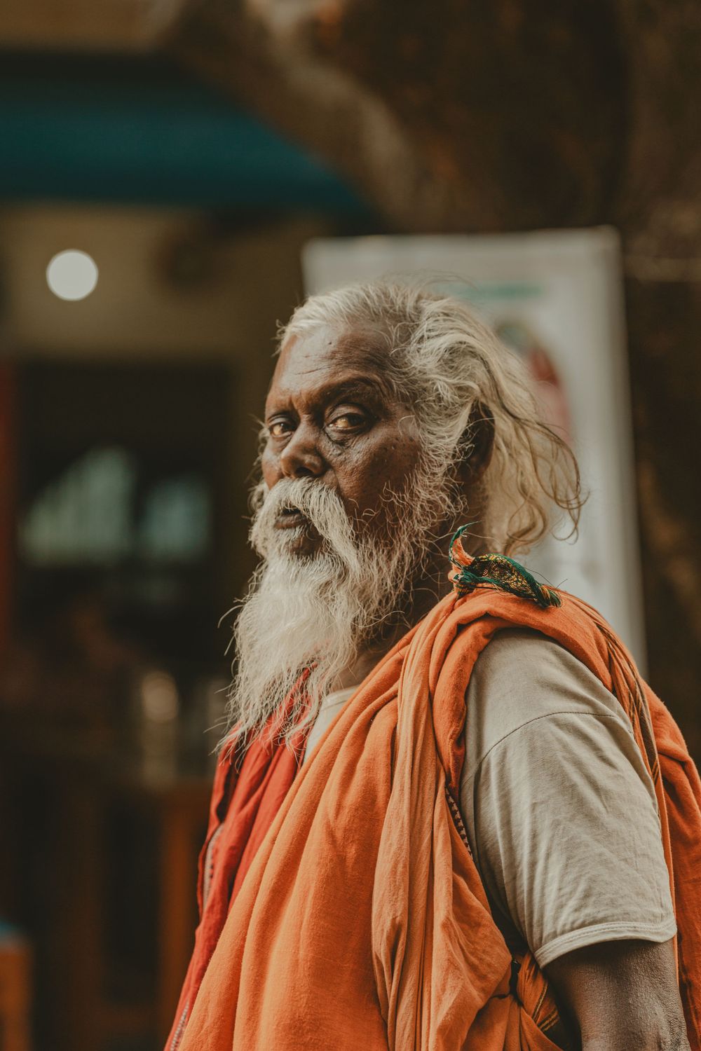 Portrait of an elderly Indian sadhu with white beard and orange robes in Rishikesh.
