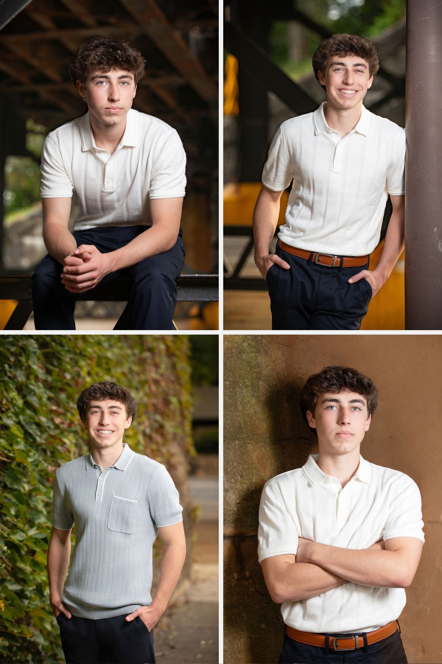 Olentangy Liberty senior photos in the Arena District with stone textures, greenery, and classic senior portrait poses.
