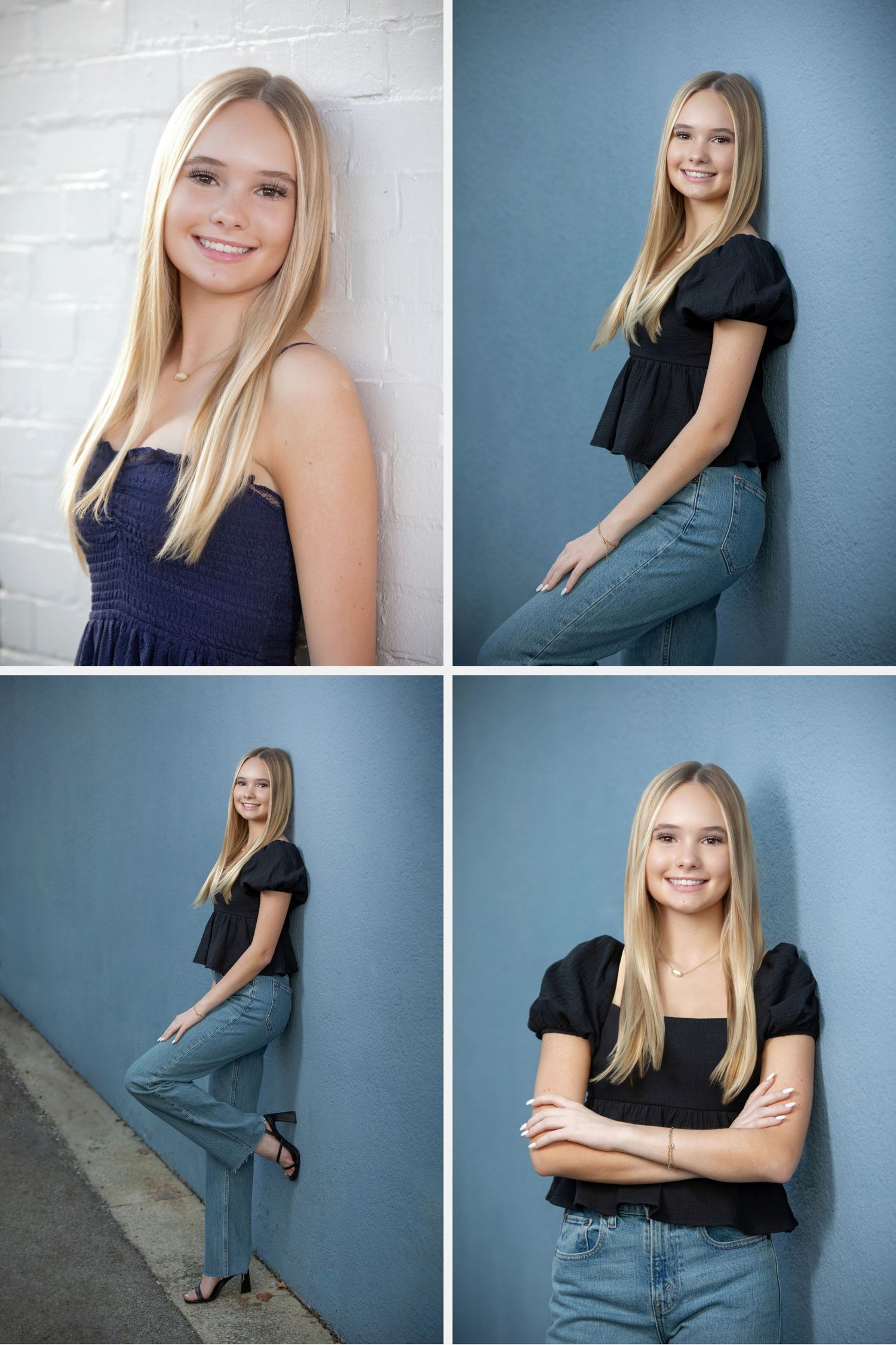 Olentangy Orange senior photos in Uptown Westerville featuring urban backdrops, blue walls, and modern senior portraits.