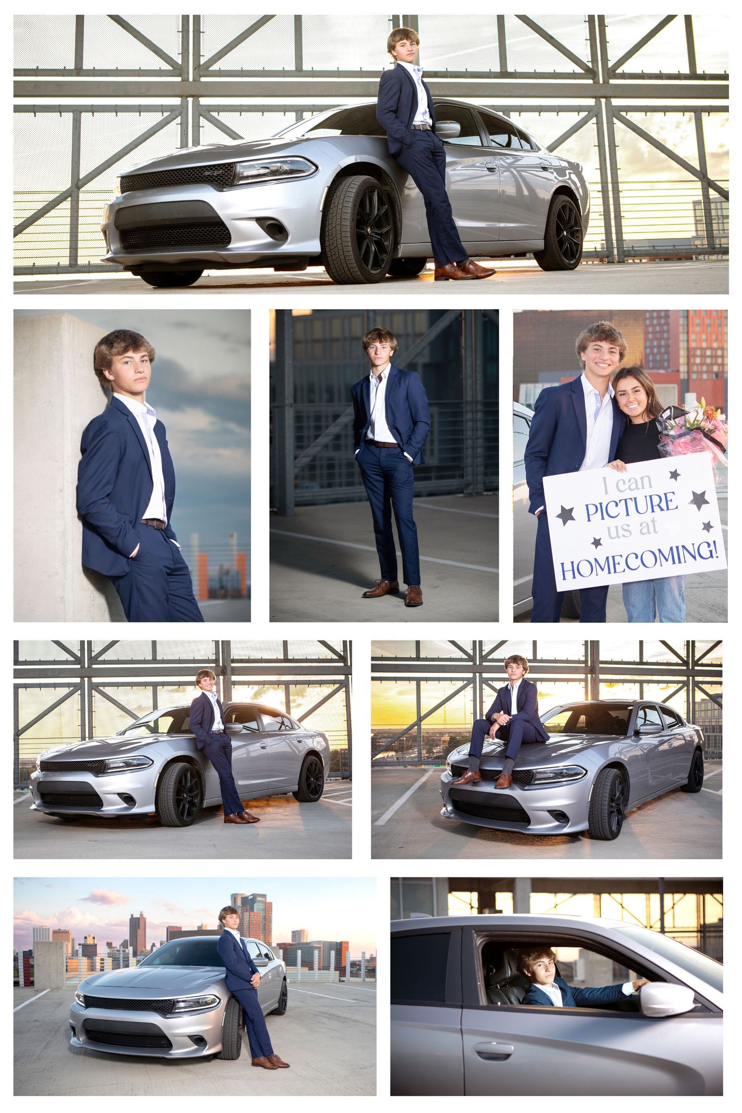 Olentangy senior pictures with a car in the Arena District Columbus Ohio featuring skyline views and sunset lighting.
