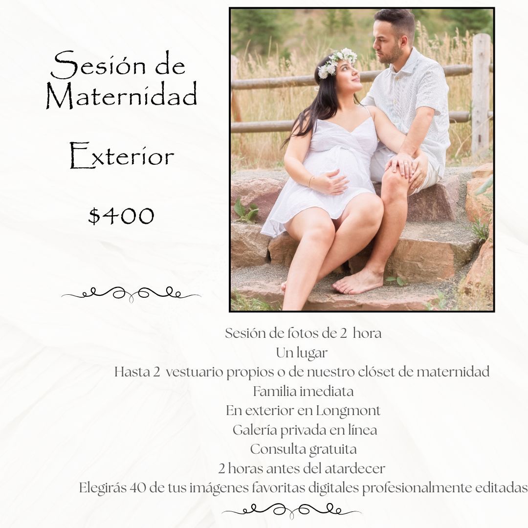 Maternity photography session flyer in Spanish showing pregnant couple outdoors, offering 2-hour exterior shoot for $400.