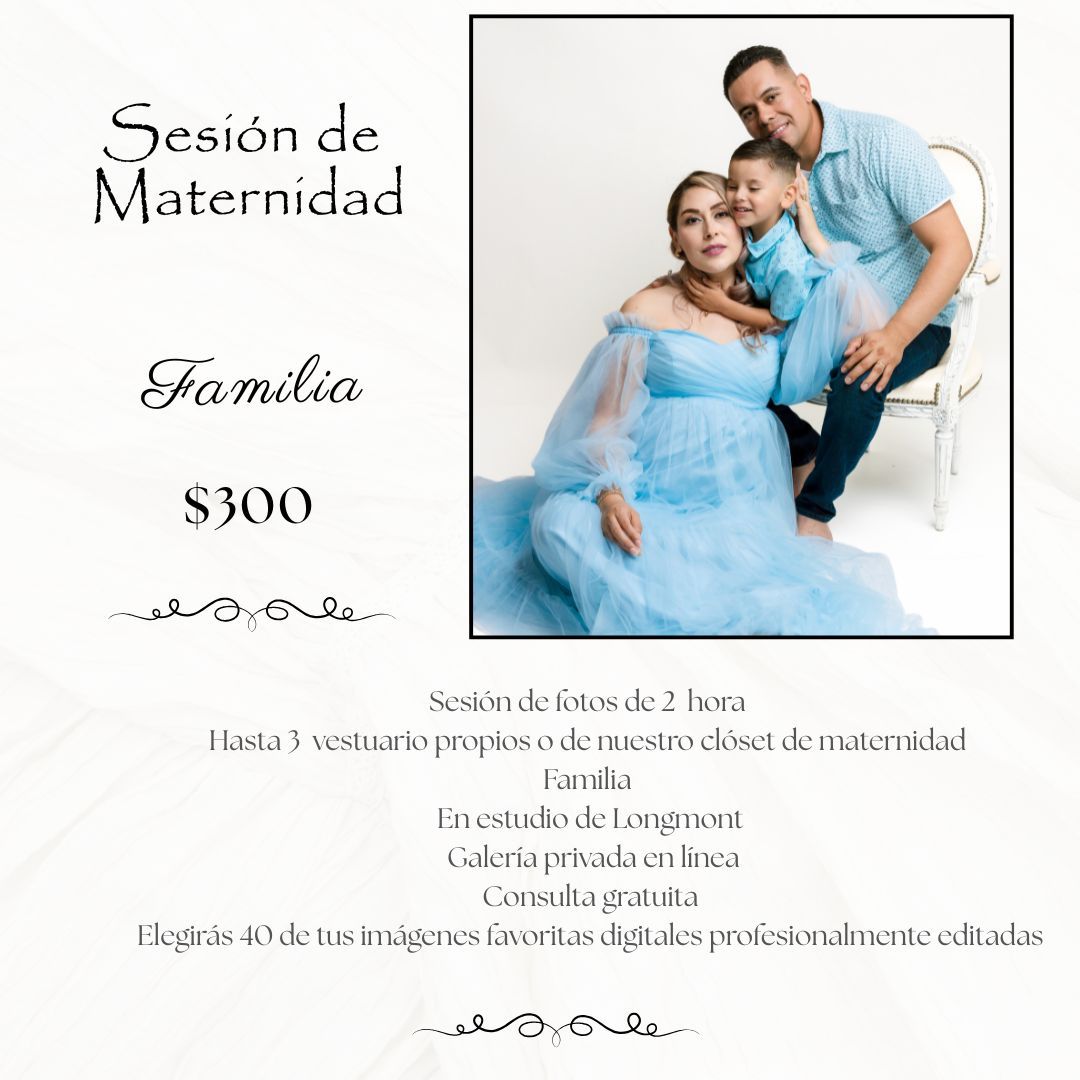 Maternity family photo session advertisement showing pregnant woman in blue gown with partner and child, priced at $300.