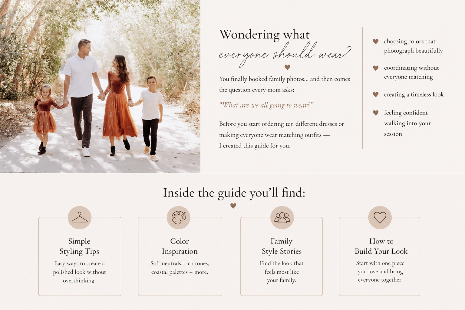 A family styling guide featuring outfit coordination tips, color inspiration, and styling advice for polished family photos.