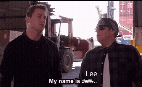 Two men talking at a dock with subtitle text reading Lee saying My name is Jeff in a movie scene.