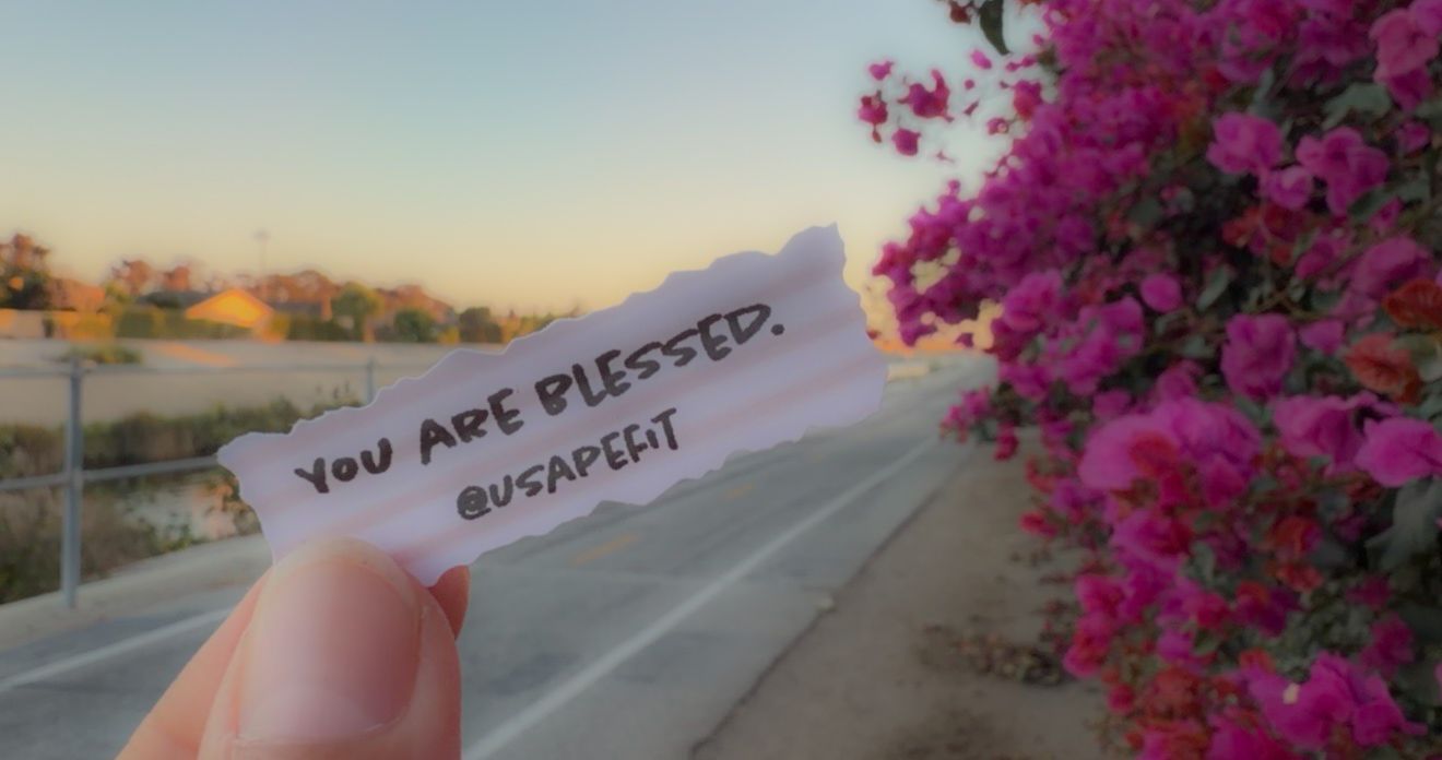 Hand holding a torn paper note reading You Are Blessed with pink bougainvillea flowers and desert road in background.