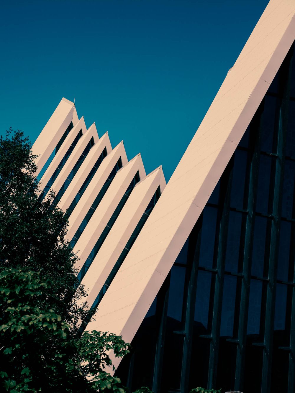 Modern building with geometric white fins and glass facade against a clear blue sky, with green trees in foreground.