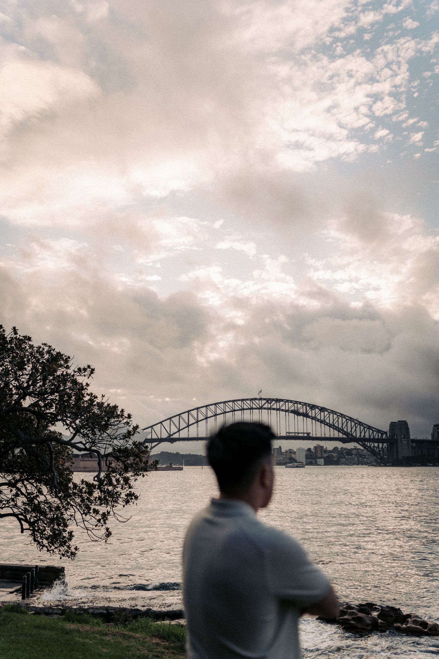 A man gazes at Sydney Harbour Bridge under dramatic cloudy skies from the waterfront.