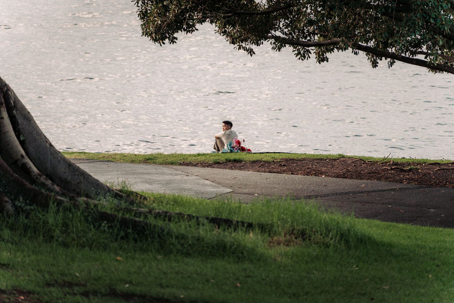 Person sitting peacefully by the waterfront edge surrounded by nature.