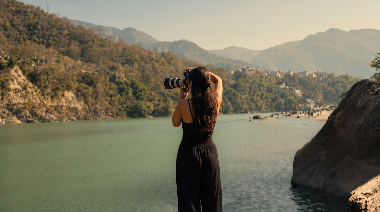 portrait photographer sitting by the Ganges river in Rishikesh, India.