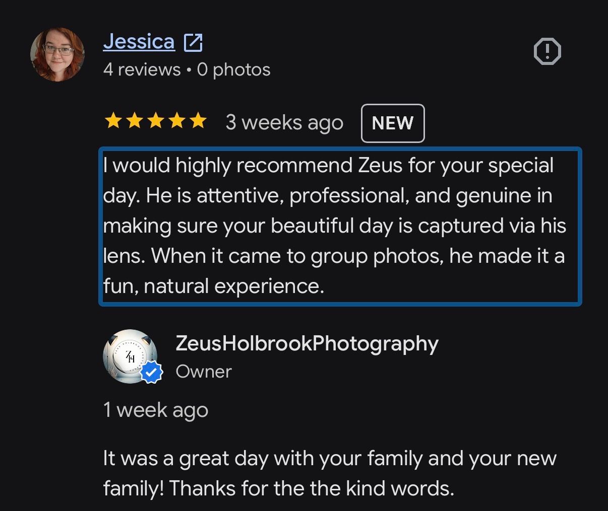 5-star Google review praising Zeus Holbrook Photography as attentive and professional for capturing special day moments.