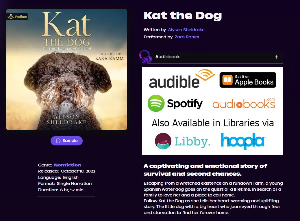 Audiobook cover for Kat the Dog by Alyson Sheldrake, available on Audible, Spotify, Apple Books, and libraries.