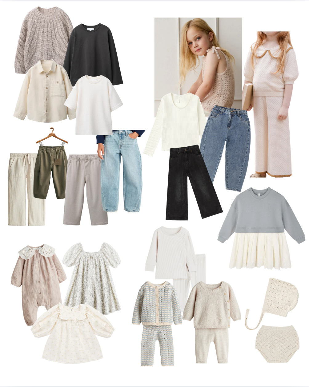 Neutral-toned children's clothing collection featuring tops, pants, dresses, and sets in beige, white, gray, and blue hues.