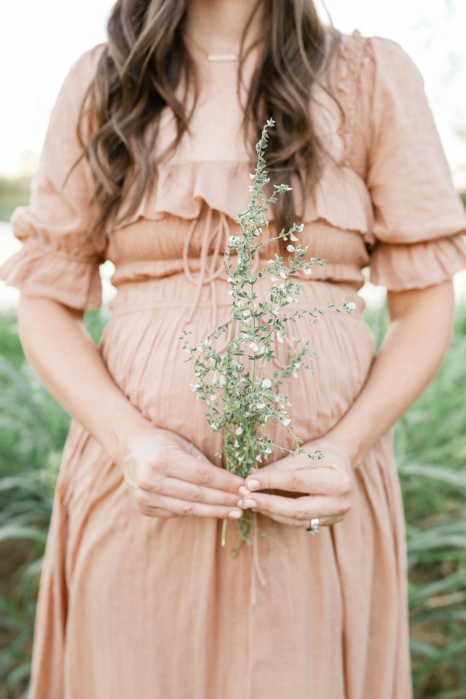 Pregnant woman in blush ruffle dress holding wildflower sprig outdoors in a field.