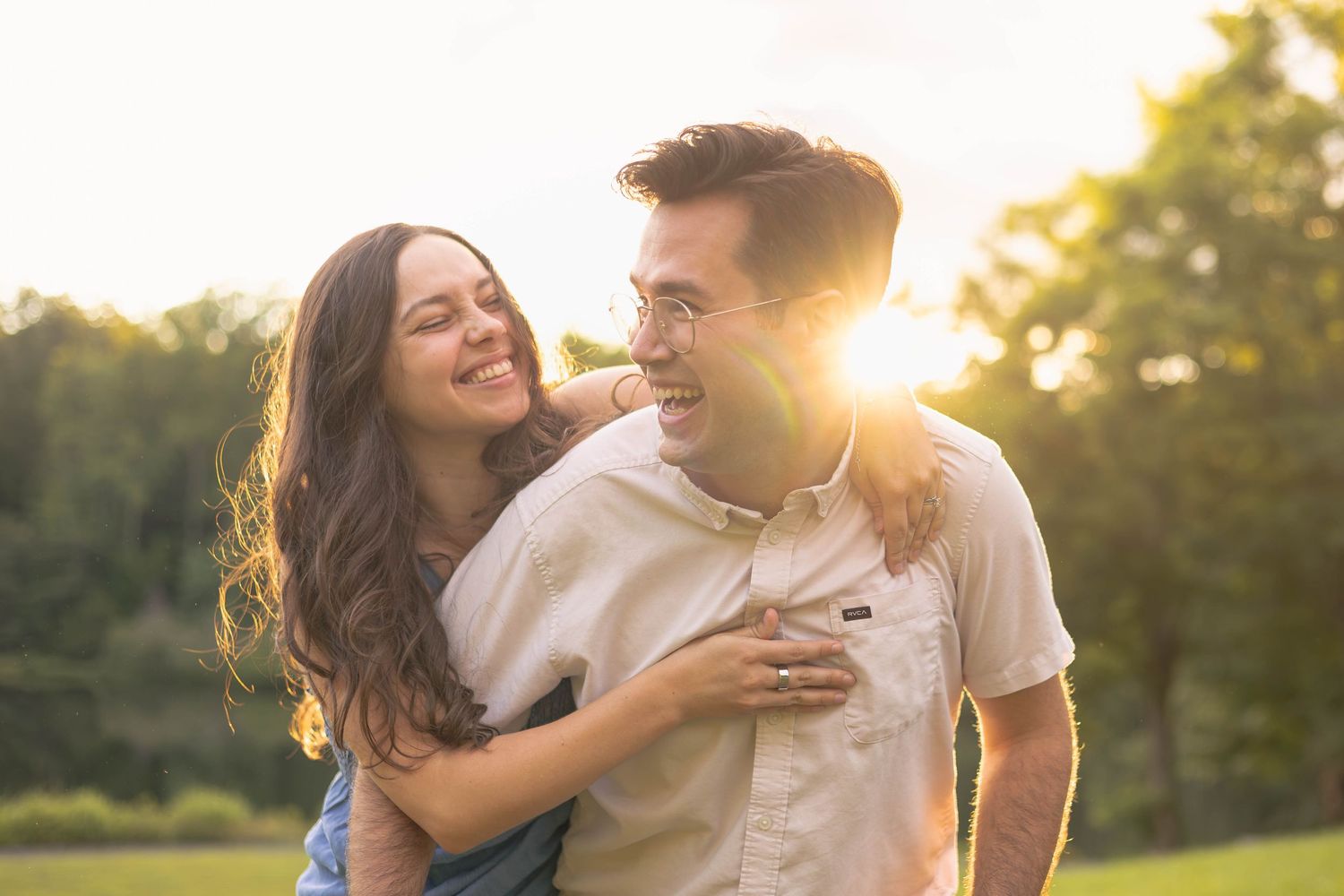 Golden Hour Couples Session at Walnut Creek Park with sunset in the background.