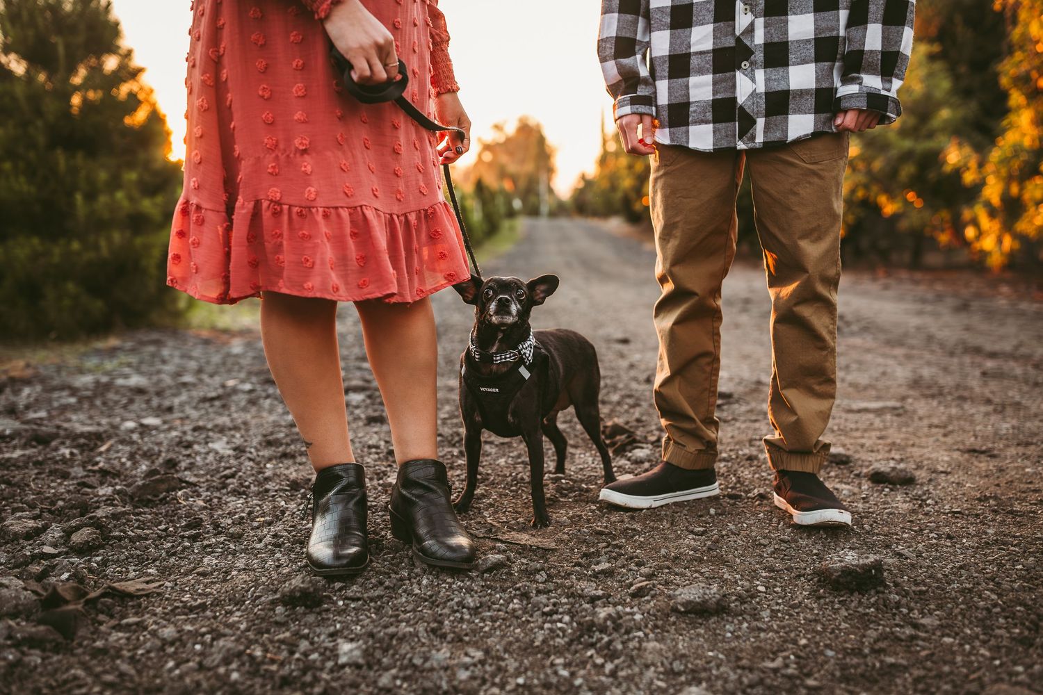 Couple standing on a gravel path with a small black dog on a leash, wearing casual outfits in a warm outdoor setting.